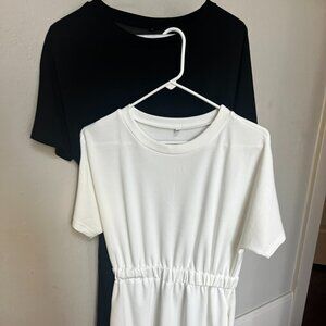 2 Short Sleeve T Shirt Dresses Crew Neck Solid Color Basic Smocked Waist Dress w